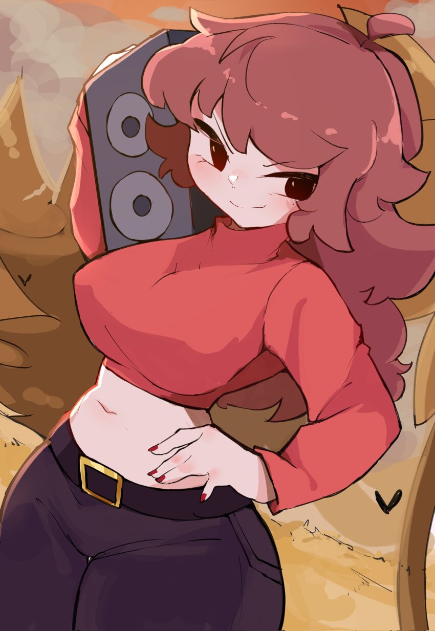 1girl ahoge belt black_belt black_pants blush brown_hair cloud cowboy_shot crop_top friday_night_funkin&#039; girlfriend_(friday_night_funkin&#039;) hand_on_own_hip heart highres hill holding hoshoidk long_hair long_sleeves looking_to_the_side mountain nail_polish navel no_sclera pants red_nails red_shirt red_sky shirt sky smirk speaker thick_thighs thighs turtleneck turtleneck_shirt wide_hips
