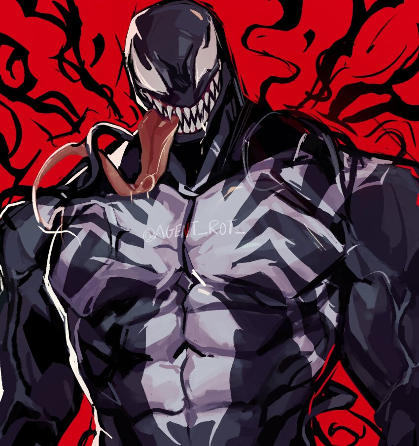 1boy agent_rot animal_print highres long_tongue looking_at_viewer male_focus marvel marvel_rivals monster_boy muscular muscular_male sharp_teeth slime_boy smile solo spider-man_(series) spider_print superhero_costume symbiote teeth tongue tongue_out venom_(marvel) very_long_tongue
