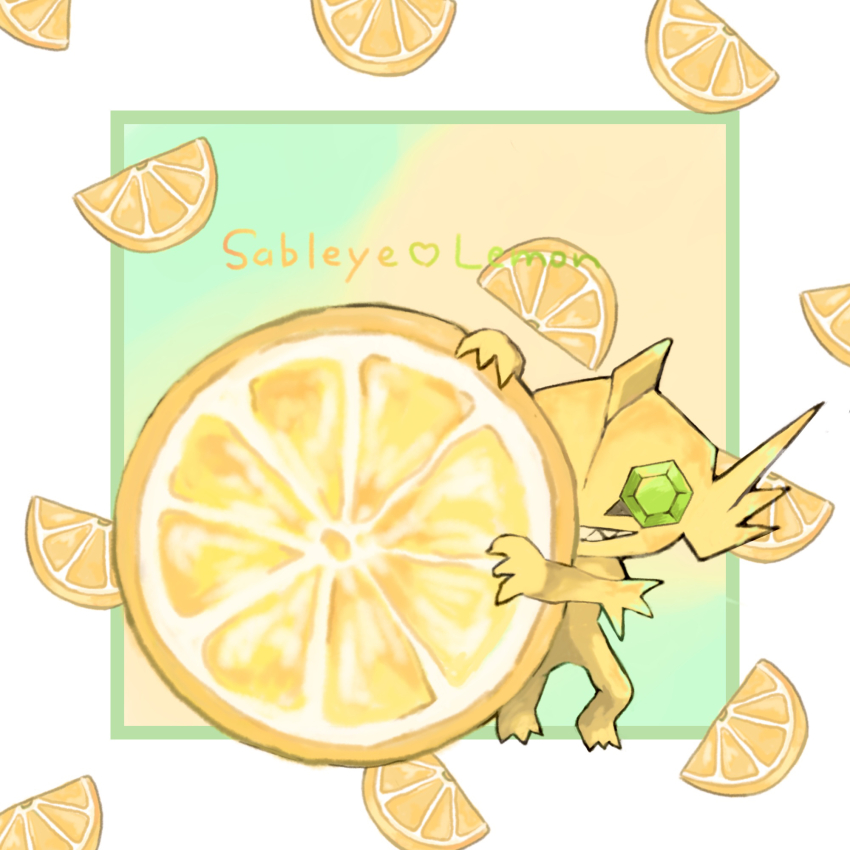 1other alternate_color arm_up border character_name colored_skin cross-section english_text food food_focus fruit gem gen_3_pokemon green_eyes green_gemstone grin hand_up happy heart highres holding holding_food holding_fruit lemon lemon_slice looking_at_viewer mega_pokemon mega_sableye nintendo other_focus outside_border oversized_food oversized_object peeking_out pokemon pokemon_(creature) sableye sanketsu sharp_teeth shiny_pokemon smile solo teeth white_border yellow_skin
