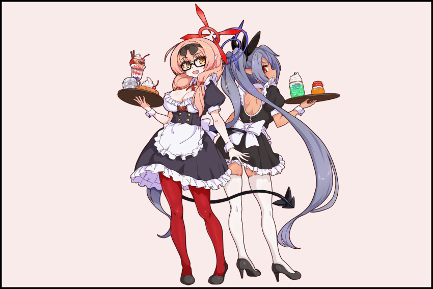 2girls alternate_costume apron black-framed_eyewear black_shoes black_tail blue_archive blush breasts chinatsu_(blue_archive) dark-skinned_female dark_skin demon_tail food frilled_apron frills full_body glasses grey_hair hair_ribbon hairband halo high_heels highres holding holding_tray iori_(blue_archive) large_breasts long_hair looking_at_viewer multiple_girls open_mouth pantyhose parfait pointy_ears puffy_short_sleeves puffy_sleeves purple_halo red_eyes red_halo red_pantyhose ribbon shoes short_sleeves smile standing tail thighhighs tray twintails very_long_hair whipped_cream white_apron white_thighhighs wrist_cuffs yakushima yellow_eyes