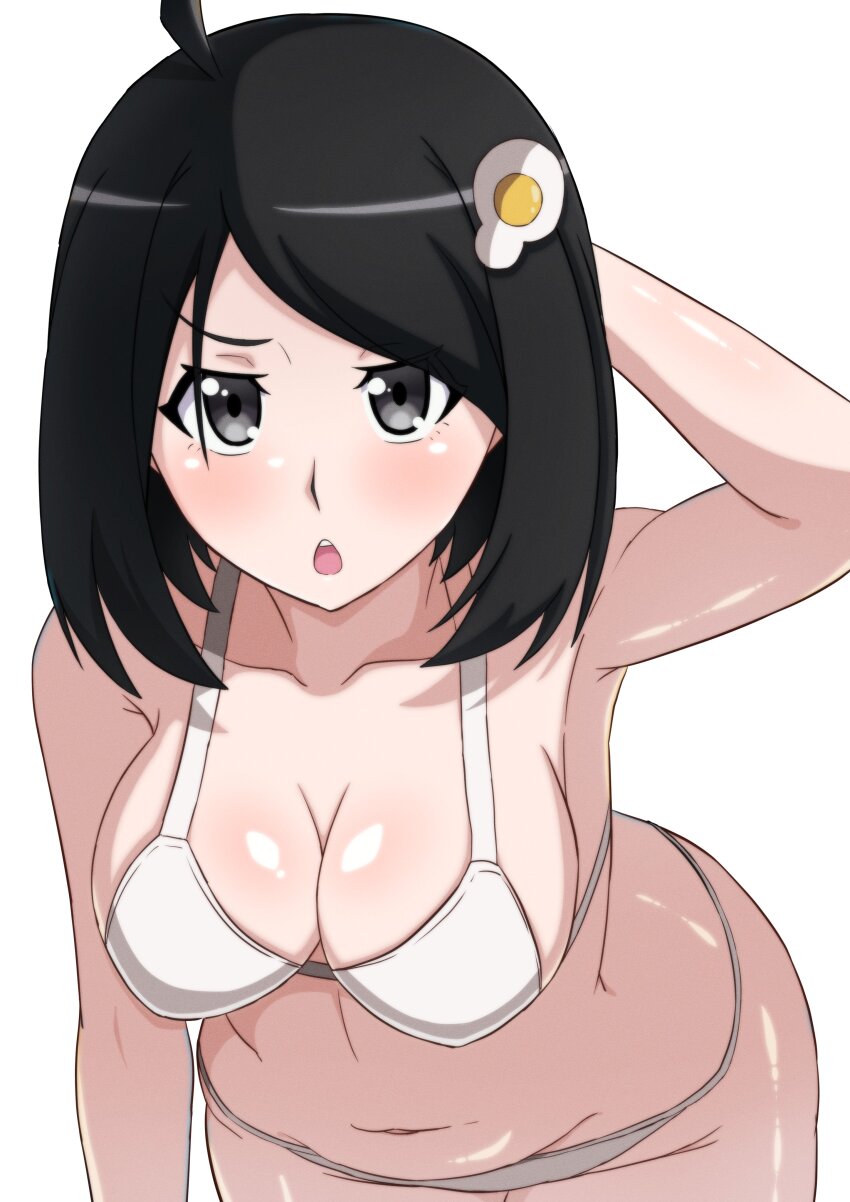 1girl absurdres ahoge araragi_tsukihi armpits black_eyes black_hair bra breasts cleavage collarbone commentary_request egg_hair_ornament food-themed_hair_ornament hair_ornament highres kakukakusan large_breasts leaning_forward looking_at_viewer monogatari_(series) navel open_mouth panties short_hair simple_background solo stomach thighs underwear underwear_only white_background white_bra white_panties