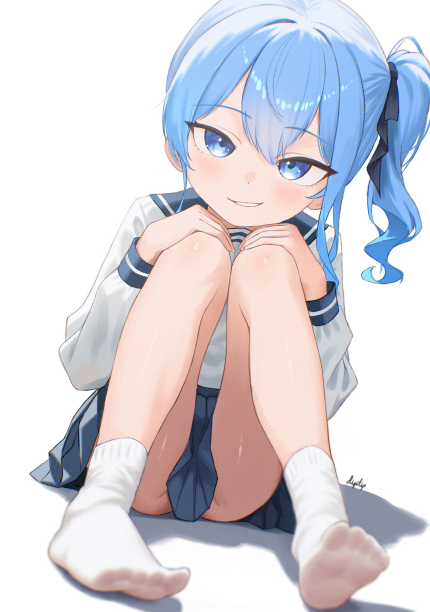1girl :d absurdres aged_down asymmetrical_sidelocks blue_eyes blue_hair blue_sailor_collar blue_skirt commentary diptip double-parted_bangs english_commentary feet full_body grin hair_between_eyes hair_ribbon hands_on_own_knees highres hololive hoshimachi_suisei knees_up loli long_sleeves looking_at_viewer medium_hair no_shoes open_mouth pleated_skirt ribbon sailor_collar school_uniform serafuku shirt side_ponytail sidelocks simple_background sitting skirt smile socks soles soles_of_feet_in_socks solo star_(symbol) star_in_eye symbol_in_eye toes toes_visible_through_clothing virtual_youtuber white_background white_shirt white_socks