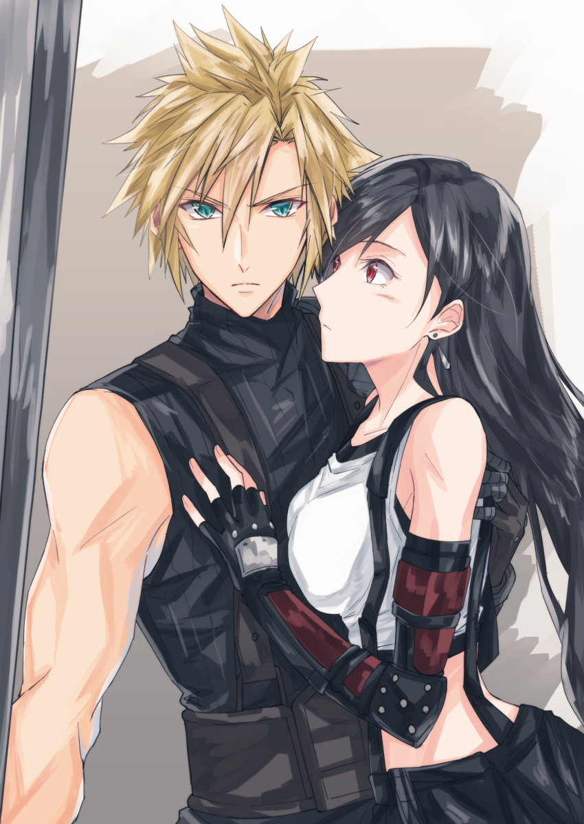 1boy 1girl absurdres bare_shoulders black_gloves black_hair black_skirt blonde_hair blue_eyes breasts closed_mouth cloud_strife commentary_request crop_top earrings elbow_gloves final_fantasy final_fantasy_vii final_fantasy_vii_remake fingerless_gloves gloves hair_between_eyes hand_on_another&#039;s_back hand_on_another&#039;s_chest highres holding holding_sword holding_weapon jewelry light_blush long_hair looking_at_another looking_at_viewer medium_breasts midriff mizuamememe protecting red_eyes single_arm_guard single_bare_shoulder single_earring skirt sleeveless sleeveless_turtleneck spiked_hair suspender_skirt suspenders sweater sword tank_top tifa_lockhart turtleneck turtleneck_sweater upper_body weapon white_tank_top