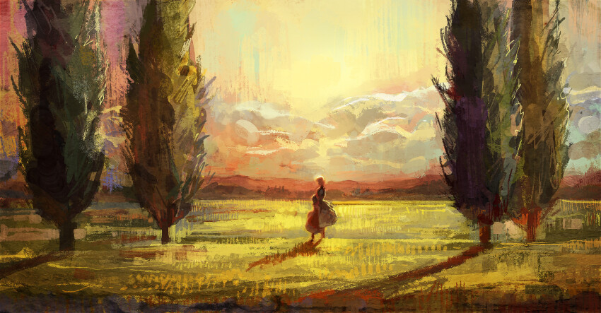 2girls absurdres ann_magnolia blonde_hair brown_hair cloud commentary dress elvafirst english_commentary grass highres hug long_dress multiple_girls scenery sunset tree violet_evergarden violet_evergarden_(series)
