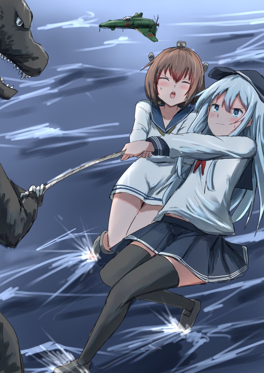 2girls absurdres aircraft airplane autocannon black_hat black_skirt black_thighhighs blue_hair blue_sailor_collar brown_hair cannon commentary_request crossover dragging dress flat_cap godzilla godzilla_(minus_one) godzilla_(series) godzilla_minus_one hat headgear hibiki_(kancolle) highres historical_connection imperial_japanese_navy j7w_shinden kaiju kamaboko_senshi kantai_collection light_blue_hair long_hair military multiple_girls navy neckerchief on_water pleated_skirt prototype pulling red_neckerchief rope sailor_collar sailor_shirt school_uniform serafuku shirt short_hair skirt thighhighs toho type_5_cannon war water white_dress white_shirt world_war_ii yukikaze_(kancolle)