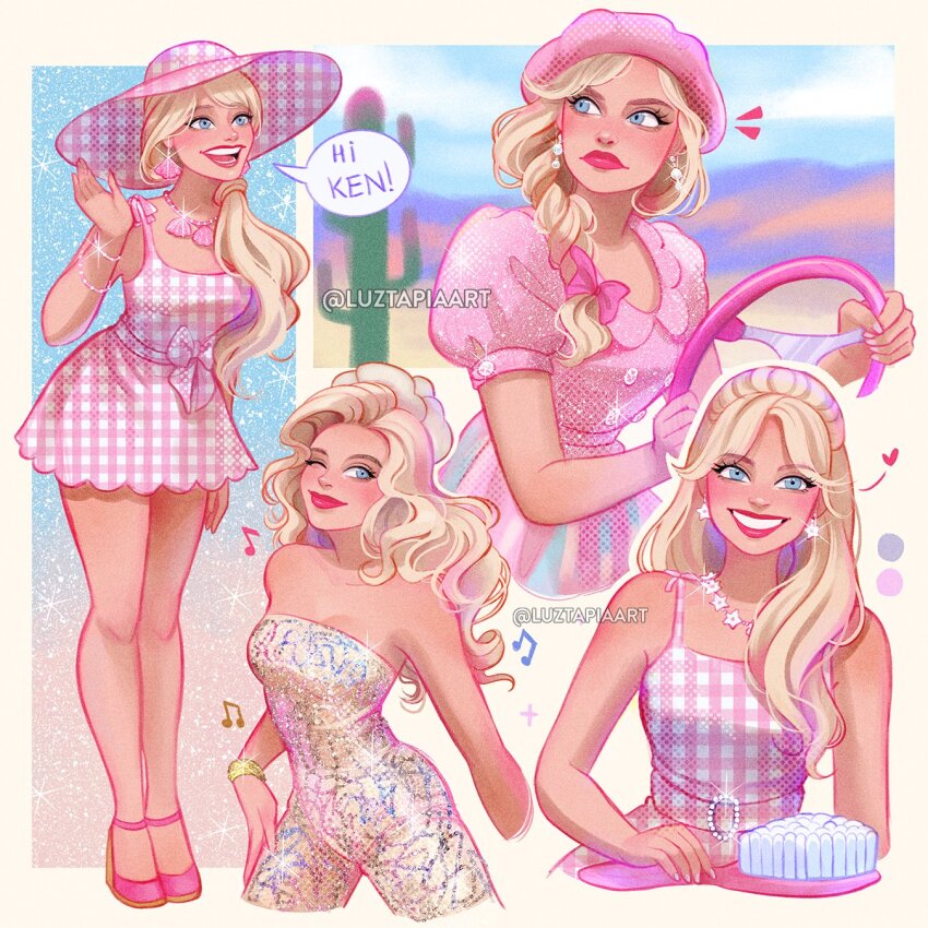 1girl artist_name barbie_(character) barbie_(franchise) barbie_(live_action) blonde_hair blue_eyes checkered_clothes checkered_dress checkered_hat dress english_text hat highres long_hair luztapiaart multiple_views one_eye_closed pink_dress pink_hat pink_shoes shoes sleeveless sleeveless_dress speech_bubble two-tone_dress two-tone_hat watermark white_dress white_hat