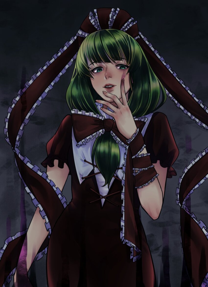 1girl bow dress front_ponytail green_eyes green_hair hair_bow hair_ribbon highres kagiyama_hina looking_at_viewer miyamoto_(dominocube6) red_bow red_dress red_ribbon ribbon solo touhou