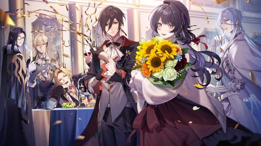 1girl 5boys :d absurdres alcohol alkaid_mcgrath alkaid_mcgrath_(godheim) apple aqua_eyes ascot asymmetrical_sidelocks ayn_alwyn ayn_alwyn_(godheim) baby&#039;s-breath bell_sleeves belt wallet_chain beret between_fingers black_bow black_bowtie black_cape black_coat black_gloves black_hair black_hat black_pants black_shirt blonde_hair blue_eyes blue_flower blue_hair blunt_bangs blurry bouquet bow bowtie braid cael_anselm cael_anselm_(godheim) cake cake_pop cape cardigan champagne champagne_flute clarence_clayden clarence_clayden_(godheim) closed_mouth coat collared_shirt confetti cowboy_shot crown cup curtained_hair dahlia dark_blue_hair depth_of_field drinking_glass ear_covers earrings finger_to_mouth flower food forget-me-not_(flower) fork frilled_shirt_collar frilled_skirt frilled_sleeves frills fruit fur-trimmed_cape fur-trimmed_coat fur_trim gerbera gloves gold_collar gold_necklace grapes green_eyes grey_gloves grey_vest hair_between_eyes hair_ribbon half_gloves hat heroine_(lovebrush_chronicles) highres holding holding_bouquet holding_cup holding_fork holding_party_popper holding_saucer indoors jacket jewelry kiskil-llira lapel_pin lapels lars_rorschach lars_rorschach_(godheim) lily_(flower) lips long_bangs long_hair long_sleeves looking_at_viewer looking_to_the_side lovebrush_chronicles medium_hair mole mole_under_eye monocle multiple_boys necklace notched_lapels open_clothes open_coat open_mouth orange_flower pants parted_bangs parted_lips party_popper pear plate plunging_neckline purple_eyes red_eyes red_flower red_ribbon red_skirt ribbon rose saucer scone shawl_lapels shirt short_hair side_braid side_cape single_ear_cover single_earring sitting skirt sleeve_cuffs smile standing streamers sunflower table tablecloth teacup teapot tiered_tray tuxedo_shirt upper_body v-shaped_eyebrows vest white_ascot white_belt white_cape white_cardigan white_flower white_gloves white_hair white_jacket white_pants white_rose white_shirt wine wine_glass yellow_flower