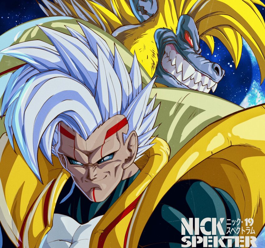 baby_(dragon_ball) baby_vegeta blue_eyes bodysuit dragon_ball dragon_ball_gt facial_mark gloves golden_oozaru grey_hair grin highres long_hair looking_at_viewer male_focus multiple_boys muscular muscular_male nickelespektro open_mouth parasite pectorals possessed saiyan smile spiked_hair super_saiyan veiny_face white_hair