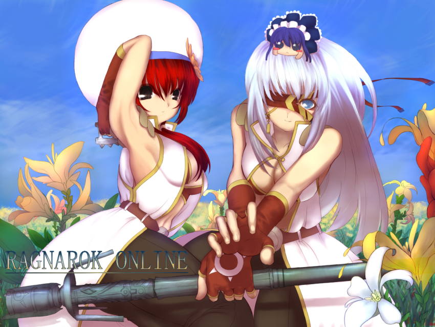 2girls alice_(ragnarok_online) armpits bandeau black_eyes black_pants blindfold blindfold_slip blue_eyes blue_sky brass_knuckles breasts brown_bandeau brown_blindfold brown_gloves champion_(ragnarok_online) character_doll cleavage closed_mouth cloud coat commentary_request copyright_name cowboy_shot day doll_on_head field fingerless_gloves flower flower_field gloves hat large_breasts long_hair looking_at_viewer multiple_girls outdoors pants ragnarok_online red_hair short_hair sky sleeveless sleeveless_coat smile tam_(ragnarok_online) weapon white_coat white_flower white_hair white_hat y_(libra1017) yellow_flower