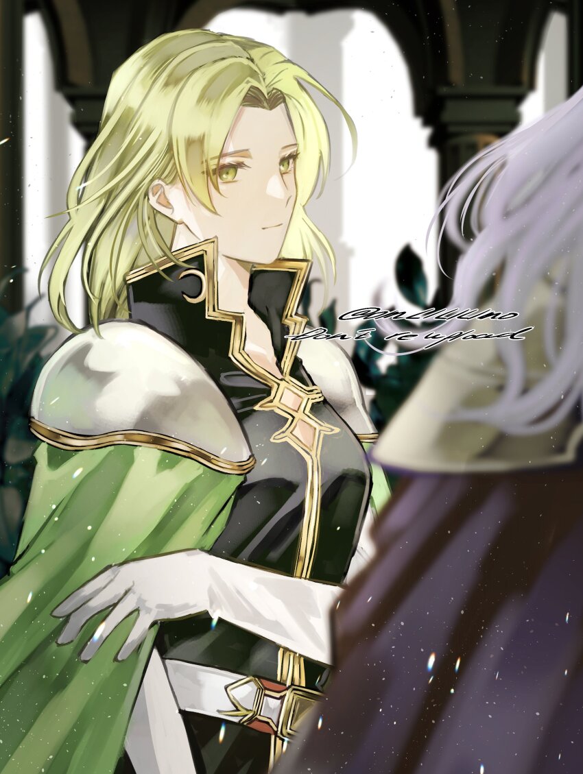 1girl absurdres blonde_hair breasts cape cleavage cleavage_cutout clothing_cutout earrings fire_emblem fire_emblem:_the_sacred_stones green_cape green_eyes highres indoors jewelry long_hair looking_at_viewer medium_breasts nintendo omlililimo selena_(fire_emblem:_the_sacred_stones) solo