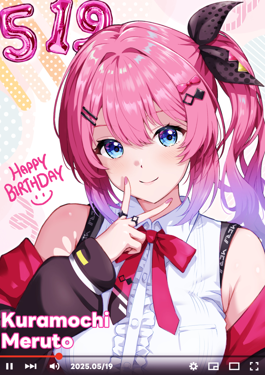 1girl absurdres armpit_crease artist_name balloon bare_shoulders black_hoodie black_ribbon blue_eyes bow breasts cagasyo center_frills closed_mouth dated fingernails frilled_shirt frills gradient_hair hair_between_eyes hair_bow hair_ornament hair_ribbon hairclip happy_birthday highres hood hoodie jewelry kuramochi_meruto kuramochi_meruto_(1st_costume) light_blush long_sleeves looking_at_viewer multicolored_hair nail_polish neck_ribbon nijisanji number_balloon pink_bow pink_hair pink_hoodie pink_lips pink_nails pink_ribbon polka_dot polka_dot_ribbon ribbon ring shirt side_ponytail sleeveless sleeveless_shirt smile solo two-tone_hoodie upper_body v virtual_youtuber white_shirt