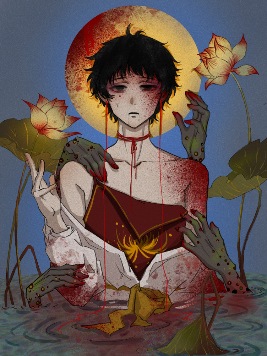 1boy black_eyes black_hair blood blood_in_water blood_on_arm blood_on_clothes blood_on_face camisole chinese_commentary collarbone commentary_request disembodied_hand empty_eyes facial_mark film_grain forehead_mark highres jacket jacket_partially_removed lotus_leaf male_focus muhe911916 open_mouth parted_lips partially_submerged red_camisole short_hair shou_qianhui strap_slip string_choker touqi_guaitan upper_body white_jacket