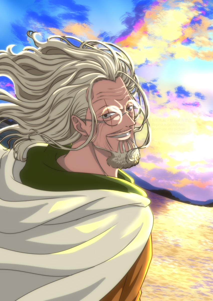 1boy beard cloud commentary_request facial_hair floating_hair glasses highres looking_back male_focus musasabiop one_piece outdoors scar scar_across_eye scar_on_face silvers_rayleigh smile solo sunset
