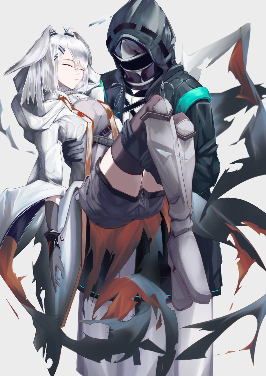 1girl 1other absurdres animal_ears aquarius_cat arknights black_gloves black_jacket black_shorts black_thighhighs carrying closed_eyes closed_mouth coat cowboy_shot doctor_(arknights) frostnova_(arknights) gloves grey_hair grey_shirt hair_ornament hairclip highres holding hood hood_up hooded_jacket jacket lab_coat long_hair long_sleeves open_clothes open_jacket princess_carry rabbit_ears rabbit_girl scar scar_on_face scar_on_nose shirt shorts thighhighs white_coat white_jacket