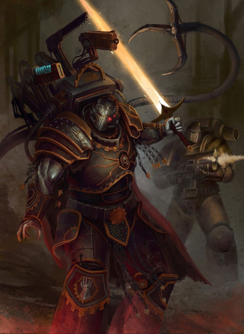 2boys adeptus_astartes armor bolter ferrus_manus fire firing flaming_sword flaming_weapon full_armor full_body gun hazard_stripes helmet highres holding holding_gun holding_sword holding_weapon iron_hands_(warhammer) iron_warriors male_focus multiple_boys outdoors pauldrons primarch serdjek shoulder_armor skull standing sword warhammer_40k weapon