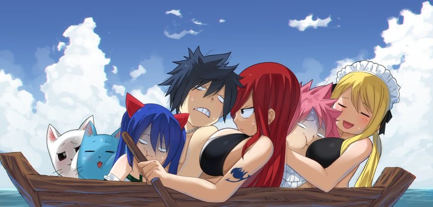 3boys 4girls age_difference animal animal_ears annoyed arm_tattoo bare_arms bikini bikini_top_only black_bikini black_bra black_hair blonde_hair blue_hair blue_sky blush boat bra breast_press breasts brown_eyes cat charle_(fairy_tail) clenched_teeth closed_eyes closed_mouth cloud erza_scarlet facing_another facing_viewer fairy_tail from_side gaston18 glaring gray_fullbuster hair_between_eyes hair_ornament hair_tie half-closed_eyes happy happy_(fairy_tail) headdress height_difference holding hug jewelry large_breasts leaning_back long_hair looking_at_another looking_at_viewer lucy_heartfilia maid_headdress multiple_boys multiple_girls natsu_dragneel necklace oar ocean open_mouth outdoors parted_lips pink_hair reclining red_hair rowboat rowing scarf short_hair sitting sitting_together sky smile spiked_hair sweat sweatdrop swimsuit tattoo teeth tongue topless_female twintails underwear upper_body water watercraft wendy_marvell whiskers white_eyes