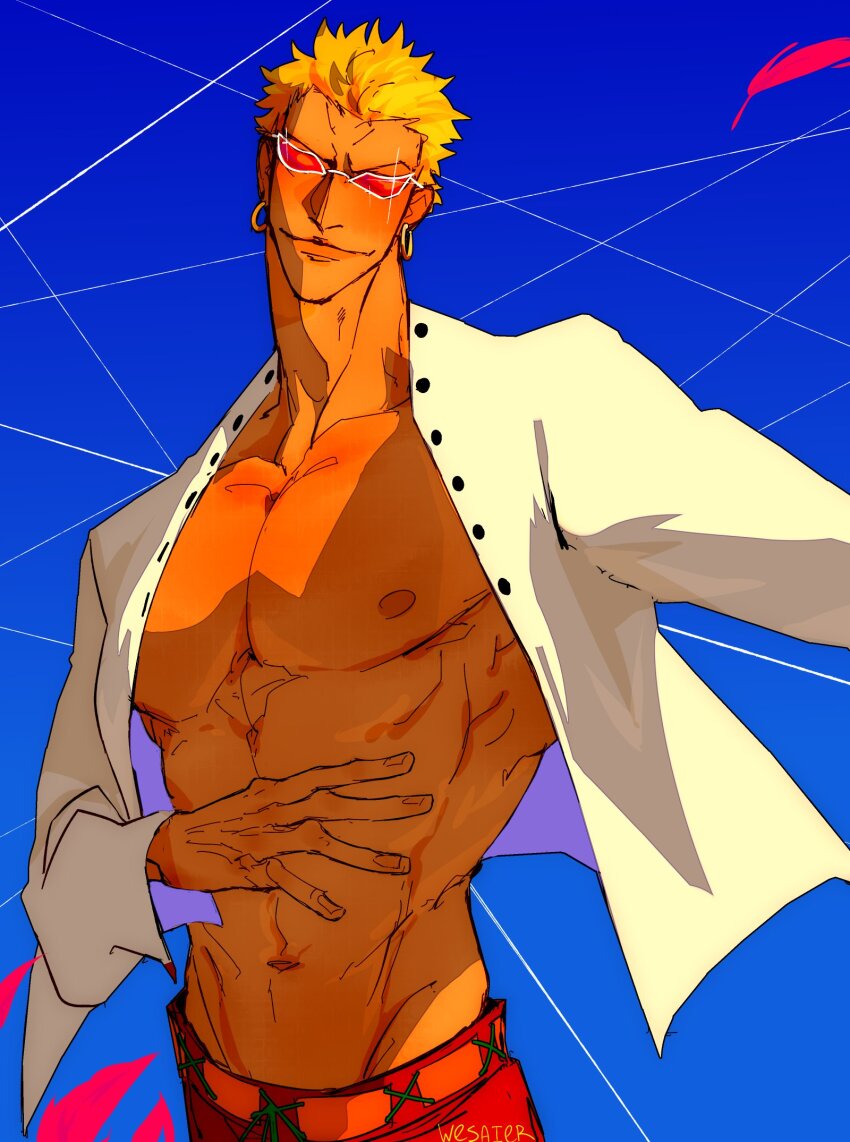 1boy abs blonde_hair blush closed_mouth donquixote_doflamingo earrings highres hoop_earrings jewelry long_sleeves male_focus one_piece open_clothes orange-tinted_eyewear shirt short_hair silk smile solo spider_web sunglasses tinted_eyewear wesaier white-framed_eyewear white_shirt