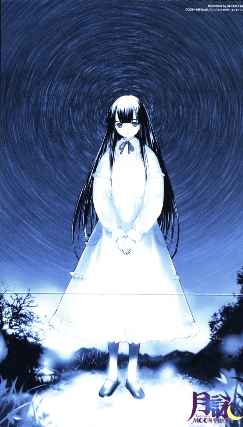 1girl absurdres arima_keitarou black_hair blue_eyes color_halftone crease dress expressionless full_body hazuki_(tsukuyomi) highres long_exposure long_hair looking_at_viewer mary_janes neck_ribbon official_art own_hands_together pale_skin ribbon scan shoes sky solo star_(sky) star_trail starry_sky tsukuyomi_moonphase white_dress