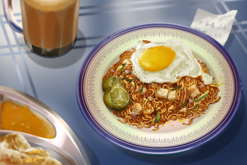 blurry blurry_background cup food food_focus fried_egg fruit highres lefty_lai lime_(fruit) lime_slice no_humans noodles original plate shadow still_life