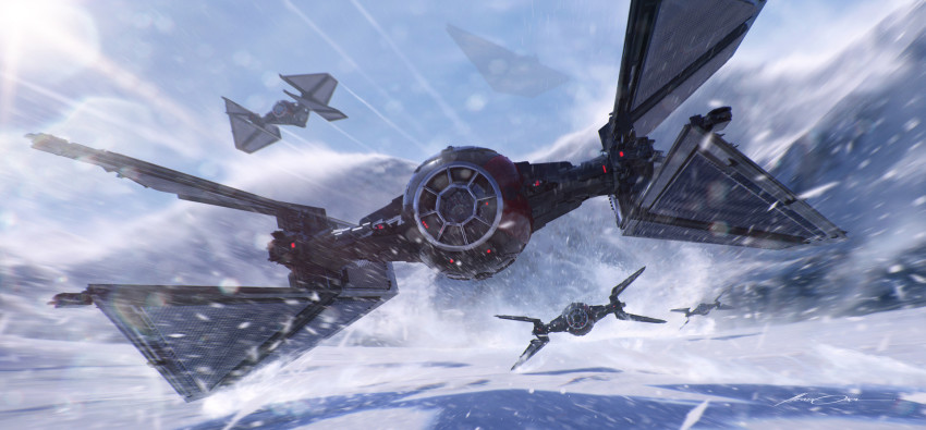 blizzard canopy cockpit epic first_order fleet flying gus_mendonca helmet highres lens_flare looking_at_viewer motion_blur pilot realistic redesign science_fiction snow spacecraft star_destroyer star_wars star_wars:_the_force_awakens starfighter striped tie_fighter tie_interceptor tie_pilot window