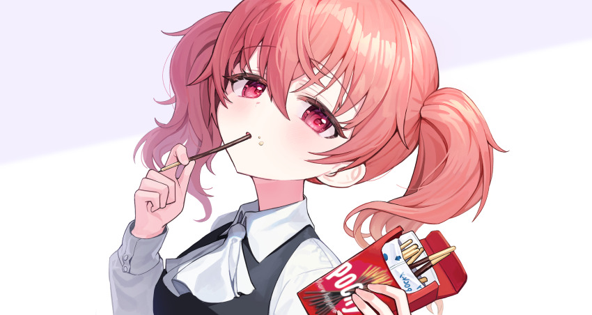 1girl ascot commentary_request eating expressionless fingernails food food_on_face hair_between_eyes hands_up highres holding holding_food inu_x_boku_ss lerome long_sleeves looking_at_viewer orange_hair pocky red_eyes roromiya_karuta simple_background solo twintails upper_body white_ascot white_background