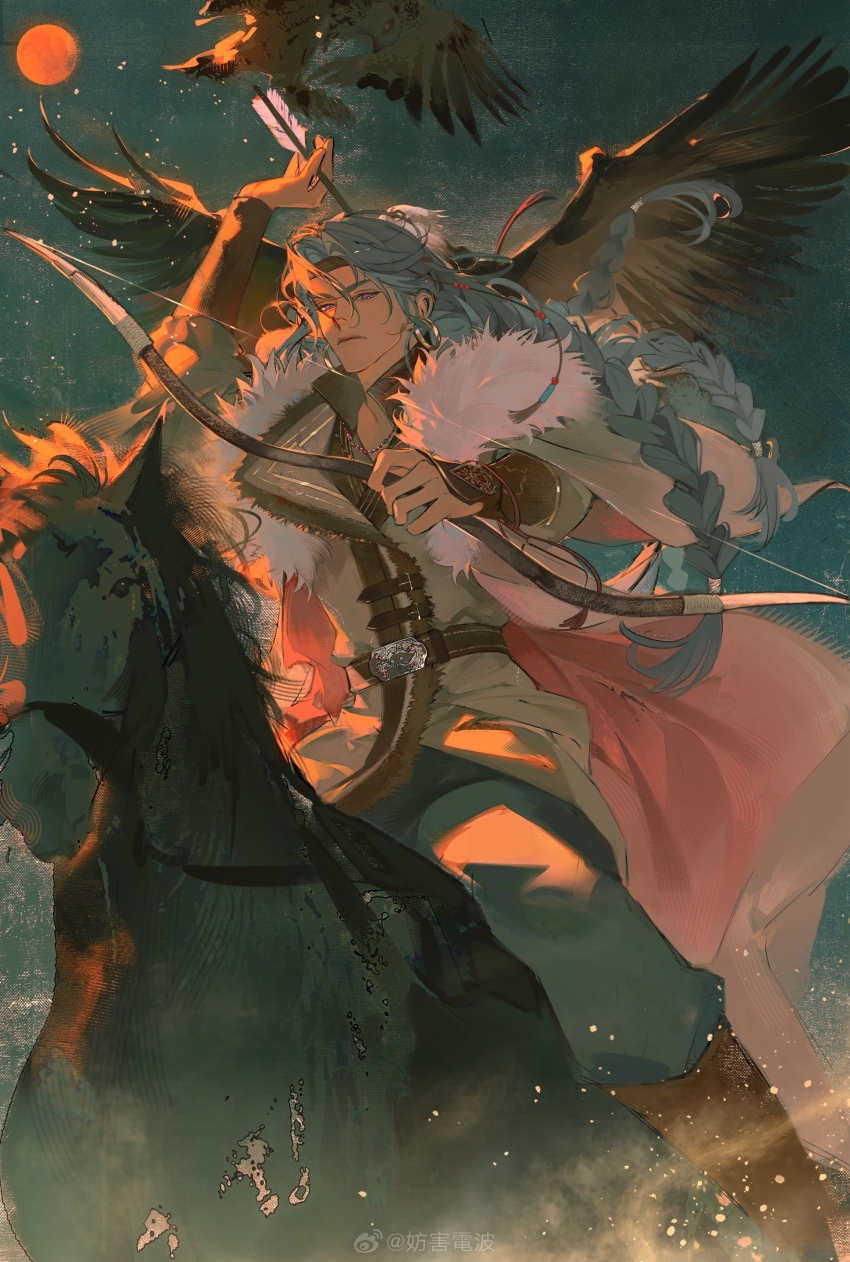 1boy absurdres animal arrow_(projectile) belt bird boots bow_(weapon) braid brown_boots brown_headband charlie_su closed_mouth coat denpa0304 eagle earrings fur-trimmed_coat fur_trim grey_hair headband highres holding holding_arrow holding_bow_(weapon) holding_weapon horse jewelry light_and_night_love lips long_hair long_sleeves looking_at_viewer male_focus pants purple_eyes red_sun sitting solo sun sunlight watermark weapon weibo_watermark