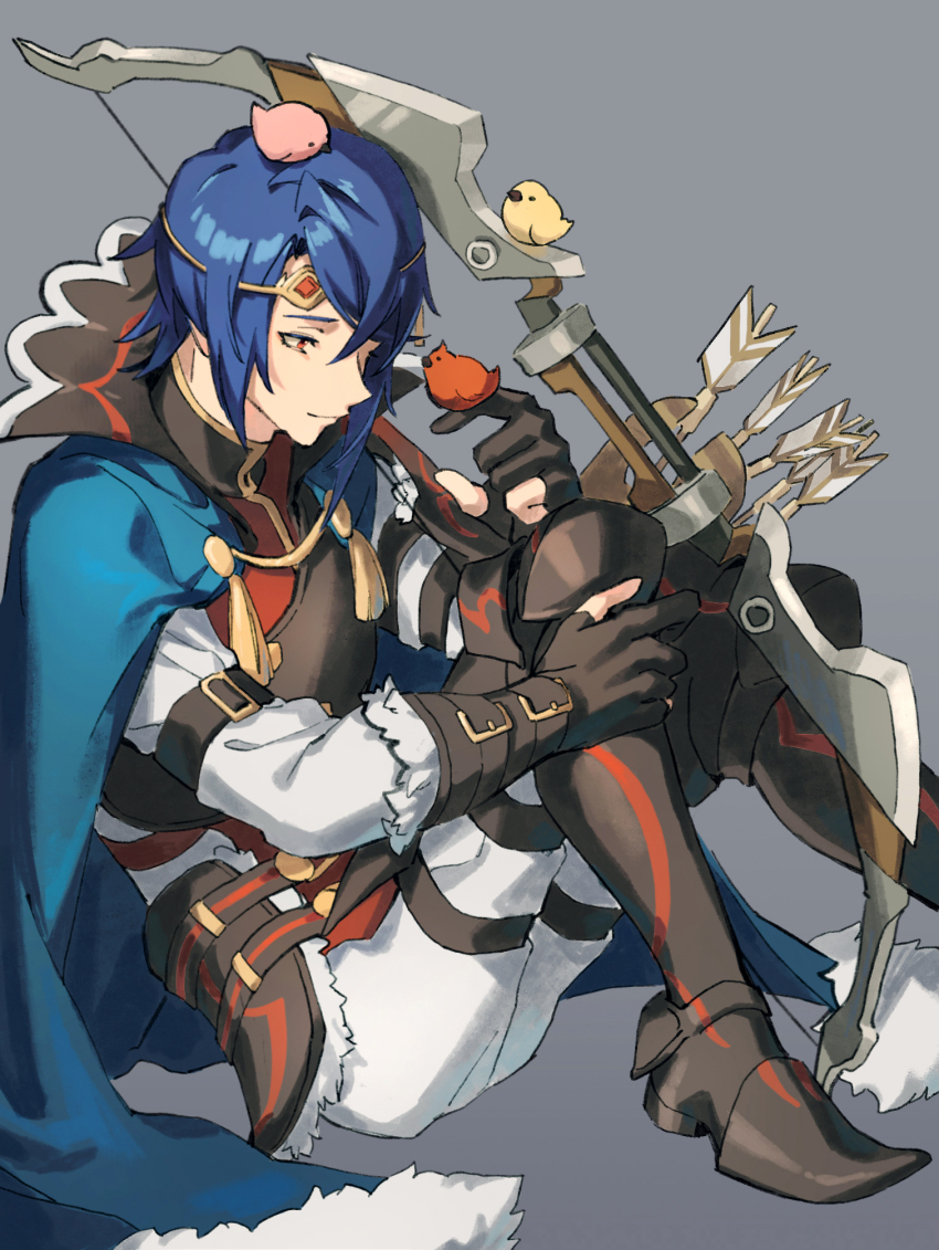 1boy alcryst_(fire_emblem) animal arrow_(projectile) bird blue_cape blue_hair bow_(weapon) brown_gloves cape circlet closed_mouth fire_emblem fire_emblem_engage fur_trim gloves hahahashagi high_collar highres holding holding_bow_(weapon) holding_weapon long_sleeves male_focus nintendo on_ground red_eyes shoes short_hair sitting solo weapon