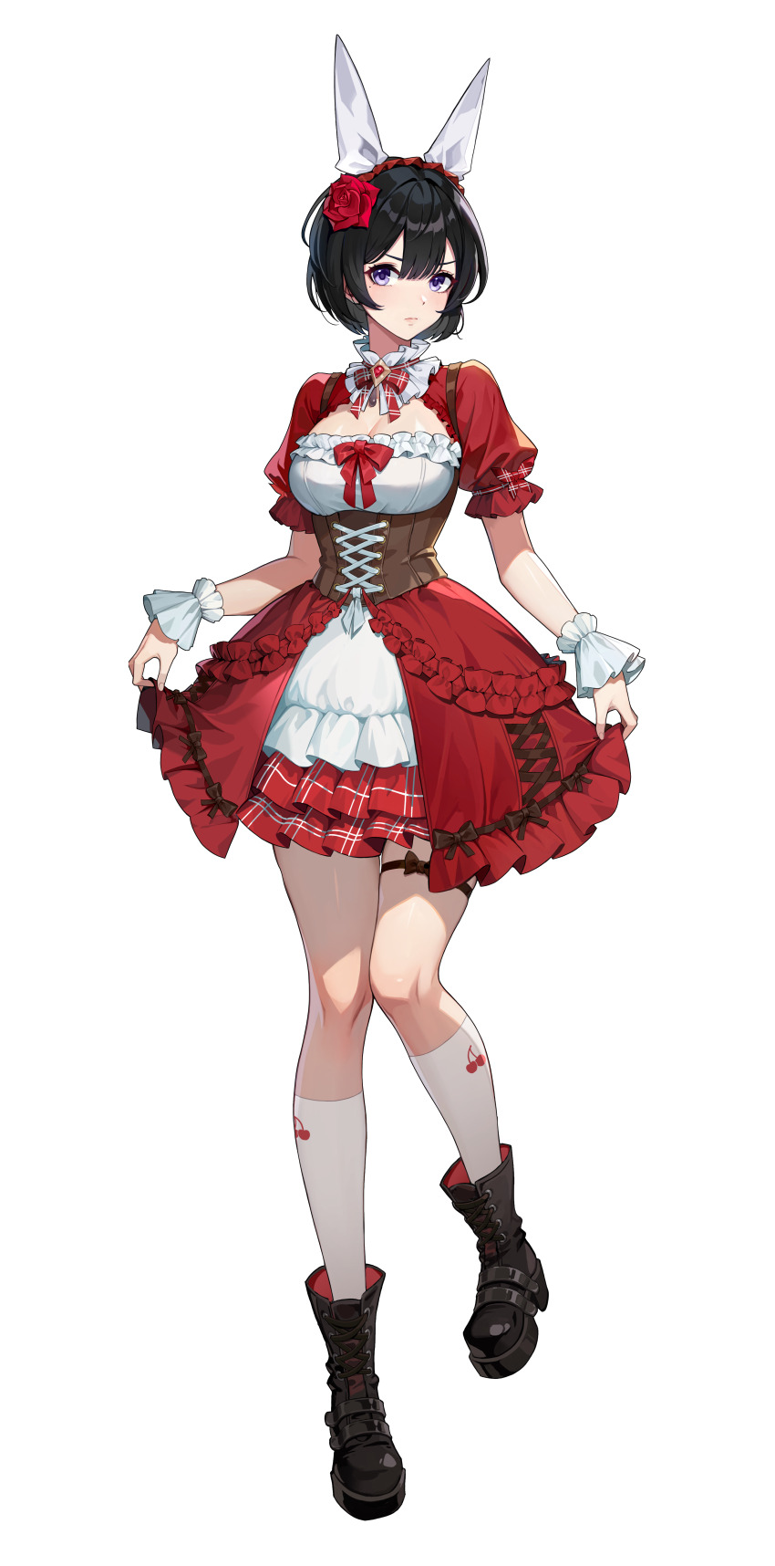 1girl absurdres black_boots black_hair boots bow breasts brown_corset cherry_print collar corset curtsey dress flower food_print frilled_dress frills frown fruit_print full_body hair_flower hair_ornament hairband highres kneehighs knees_together_feet_apart large_breasts layered_dress layered_skirt lee_bora looking_at_viewer mole mole_under_eye official_alternate_costume official_art puffy_short_sleeves puffy_sleeves purple_eyes red_bow red_dress red_flower red_hairband red_rose red_skirt rose short_hair short_sleeves skirt socks solo solo_leveling solo_leveling:_arise standing standing_on_one_leg suspenders thigh_strap transparent_background white_collar white_dress