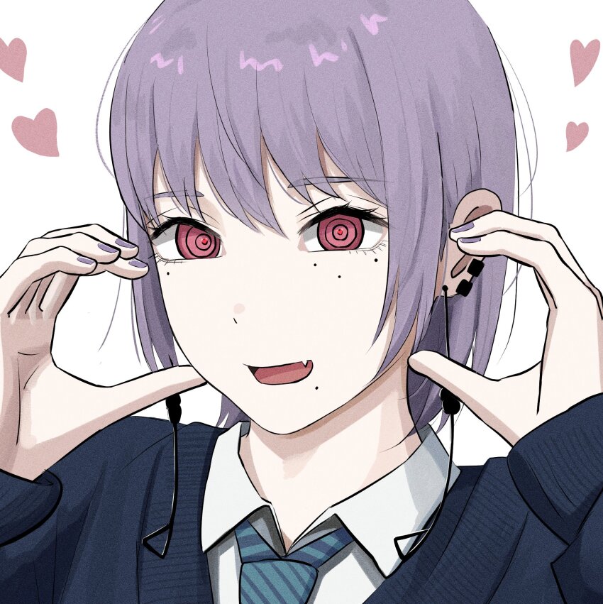 1girl aguxxxuu blue_necktie blue_sweater chainsaw_man collared_shirt diagonal-striped_clothes diagonal-striped_necktie earrings fami_(chainsaw_man) fang hands_up heart highres jewelry looking_at_viewer mole mole_under_eye mole_under_mouth multiple_moles necktie open_mouth pink_eyes purple_hair purple_nails ringed_eyes shirt simple_background solo striped_clothes sweater white_background white_shirt