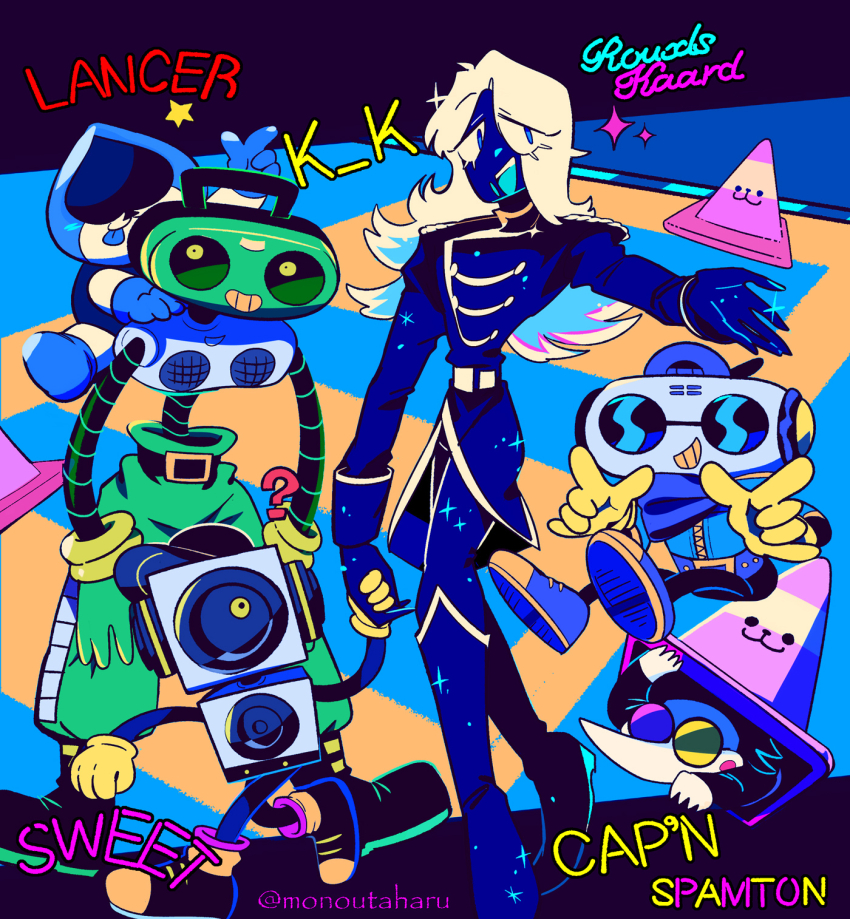 6+boys :3 :d ? \m/ androgynous arm_at_side backwards_hat baseball_cap belt black_belt black_footwear black_hat black_pants blue_eyes blue_footwear blue_gloves blue_jacket blue_pants blue_skin blue_tongue boots cap&#039;n_(deltarune) character_name colored_skin colored_tongue commentary_request deltarune double_\m/ flipped_hair full_body glasses gloves green_pants grin hat heterochromatic_eyewear highres holding_hands humanoid_robot jacket k_k_(deltarune) knee_boots lancer_(deltarune) long_hair long_sleeves looking_at_viewer male_focus mechanical_arms multiple_boys object_head open_mouth pants pink-tinted_eyewear pointy_nose puffy_pants purple_bandana purple_belt purple_footwear purple_hat robot round_eyewear rouxls_kaard simple_background sitting smile spade_(shape) spamton_g._spamton sparkle standing star_(symbol) sunglasses taharu_(papiyas) teeth tinted_eyewear tongue tongue_out traffic_cone turtleneck turtleneck_jacket twitter_username upper_teeth_only white_belt white_hair yellow-tinted_eyewear yellow_eyes yellow_gloves