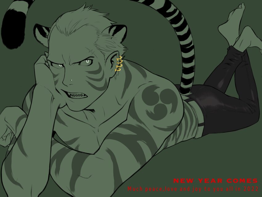1boy 2022 animal_ears barefoot belt black_pants body_markings cat_boy chinese_zodiac collarbone commentary_request crossed_ankles earrings english_text facial_mark fangs green_background hand_on_own_face head_rest highres jewelry kemonomimi_mode limited_palette looking_to_the_side lying male_focus multiple_earrings on_stomach pants persona persona_4 piercing pointy_ears rakulark2 scar scar_on_face scar_on_forehead sharp_teeth short_hair sideways_glance simple_background solo tail tatsumi_kanji teeth tiger_boy tiger_ears tiger_tail topless_male widow&#039;s_peak year_of_the_tiger