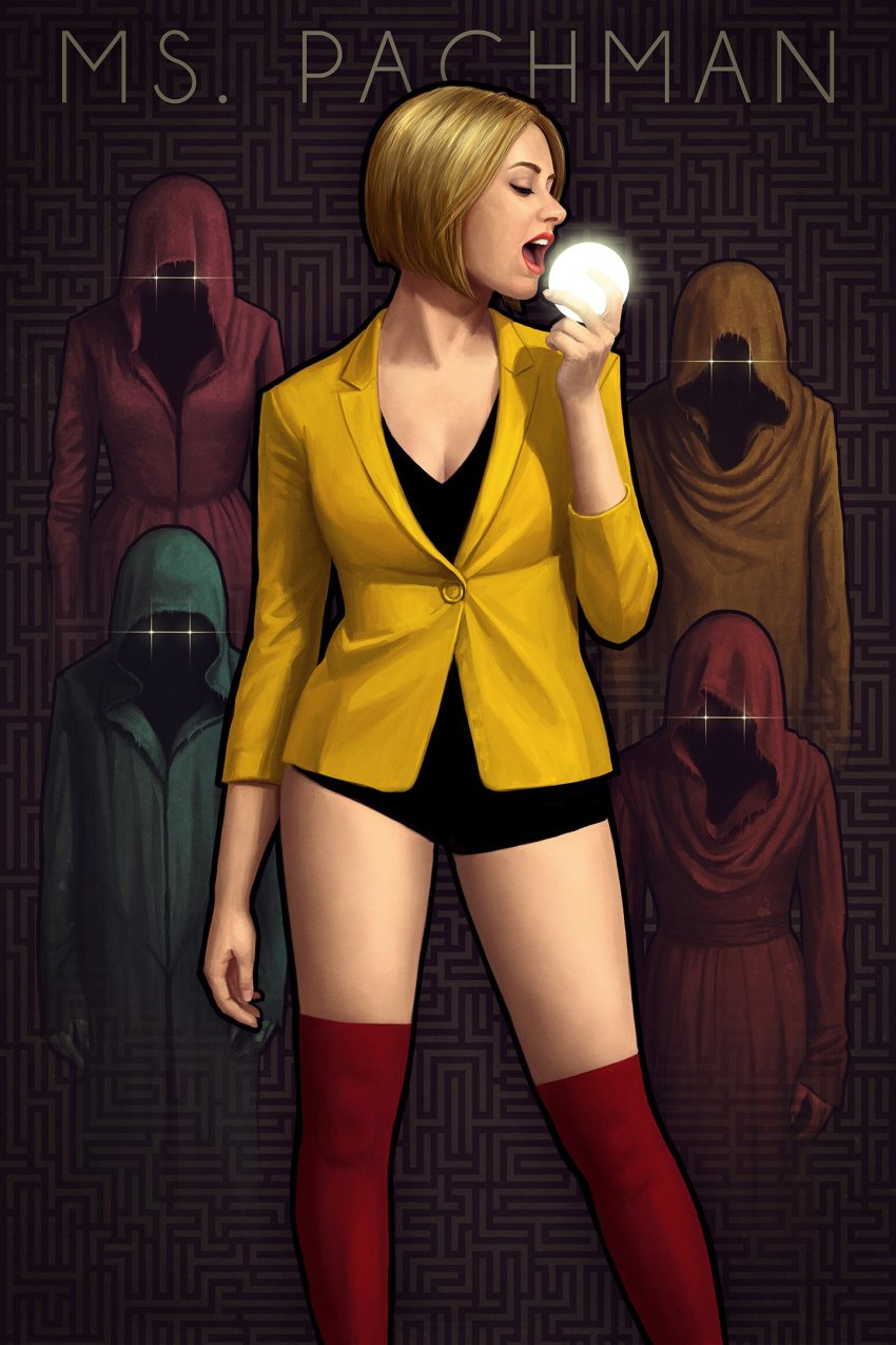 2girls 3boys astor_alexander black_shorts blazer blinky blinky_(pac-man) blonde_hair breasts character_name cleavage closed_eyes clyde clyde_(pac-man) contrapposto feet_out_of_frame ghost glowing glowing_eyes highres hood hood_up inky inky_(pac-man) jacket kneehighs labyrinth_(film) maze medium_breasts ms._pac-man multiple_boys multiple_girls namco open_mouth orb pac-man pac-man_(game) personification pinky_(pacman) realistic red_legwear robe short_hair short_shorts shorts socks sparkling_eyes standing sue_(pac-man) thighhighs yellow_blazer