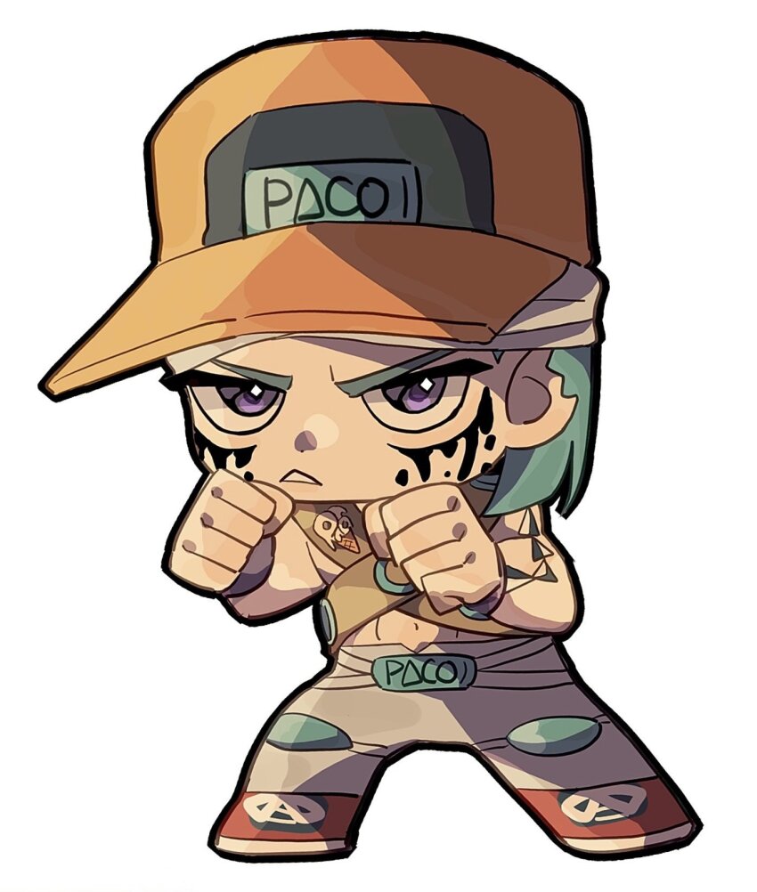 1boy aqua_hair arm_tattoo baseball_cap chibi clenched_hands commentary commentary_request facial_mark food_print full_body grey_pants hat highres ice_cream_print jojo_no_kimyou_na_bouken male_focus navel orange_hat paco_laburantes pants purple_eyes shoes shoulder_belt siniy solo tattoo the_jojolands white_background