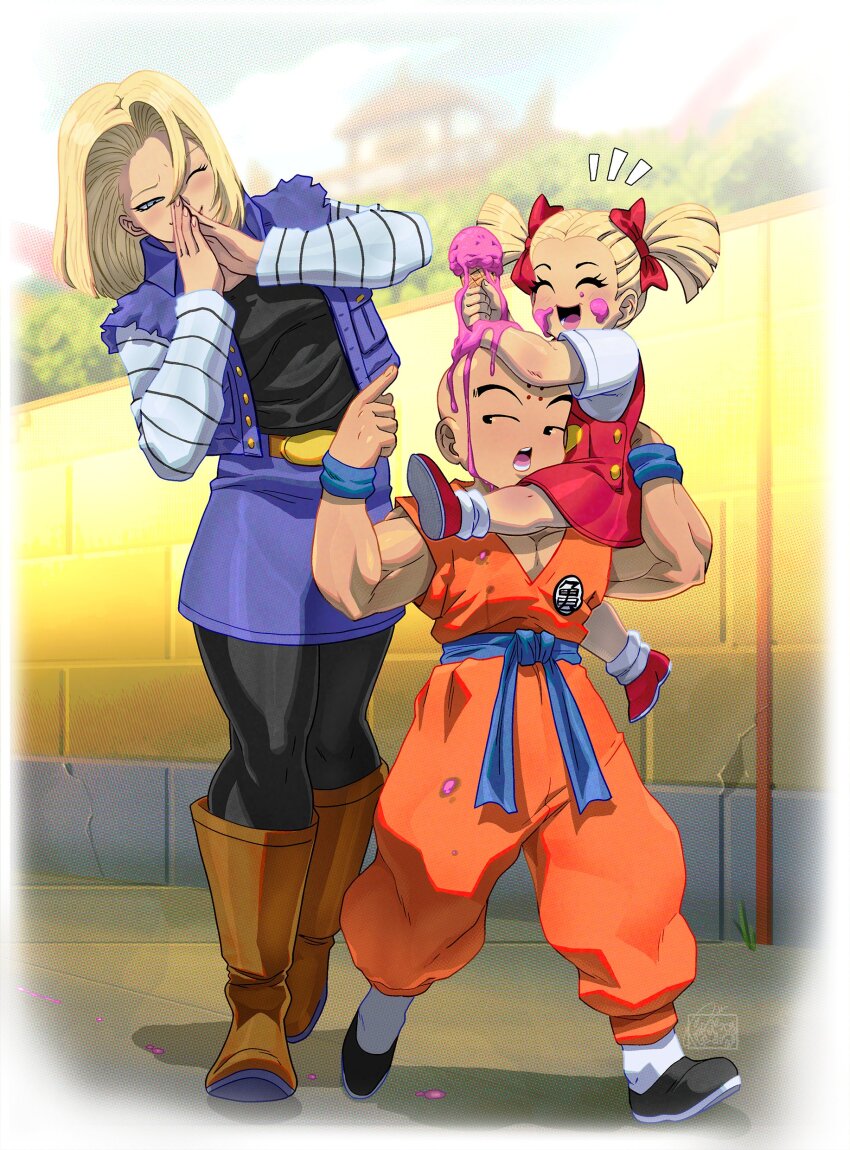 1boy 2girls absurdres android_18 bald bald_male black_eyes blonde_hair blue_eyes blush carrying carrying_person couple dragon_ball family father_and_daughter food happy highres husband_and_wife ice_cream kuririn marron_(dragon_ball) mother_and_daughter multiple_girls muscular muscular_male smile thick_thighs thighs
