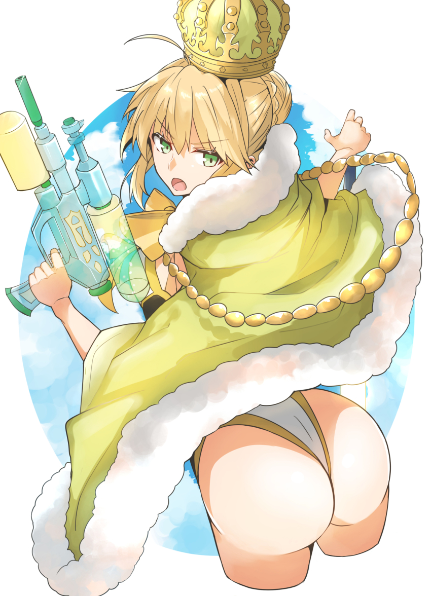 1girl :o ahoge artoria_pendragon_(fate) artoria_pendragon_(swimsuit_archer)_(fate) artoria_pendragon_(swimsuit_archer)_(third_ascension)_(fate) ass blonde_hair bow bowtie braid cape cowboy_shot crown fate/grand_order fate_(series) female_focus french_braid gin_moku green_cape green_crown green_eyes highres holding holding_weapon looking_at_viewer open_mouth orange_bow short_hair solo swimsuit water_gun weapon