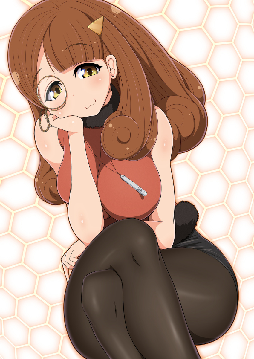 10s 1girl :3 aoki_hagane_no_arpeggio blush breasts brown_eyes brown_hair crossed_legs female_focus hair_ornament hairclip head_rest highres honeycomb_(pattern) honeycomb_background honeycomb_pattern hyuuga_(aoki_hagane_no_arpeggio) long_hair looking_at_viewer monocle pantyhose ponponmaru sitting smile solo wide_hips