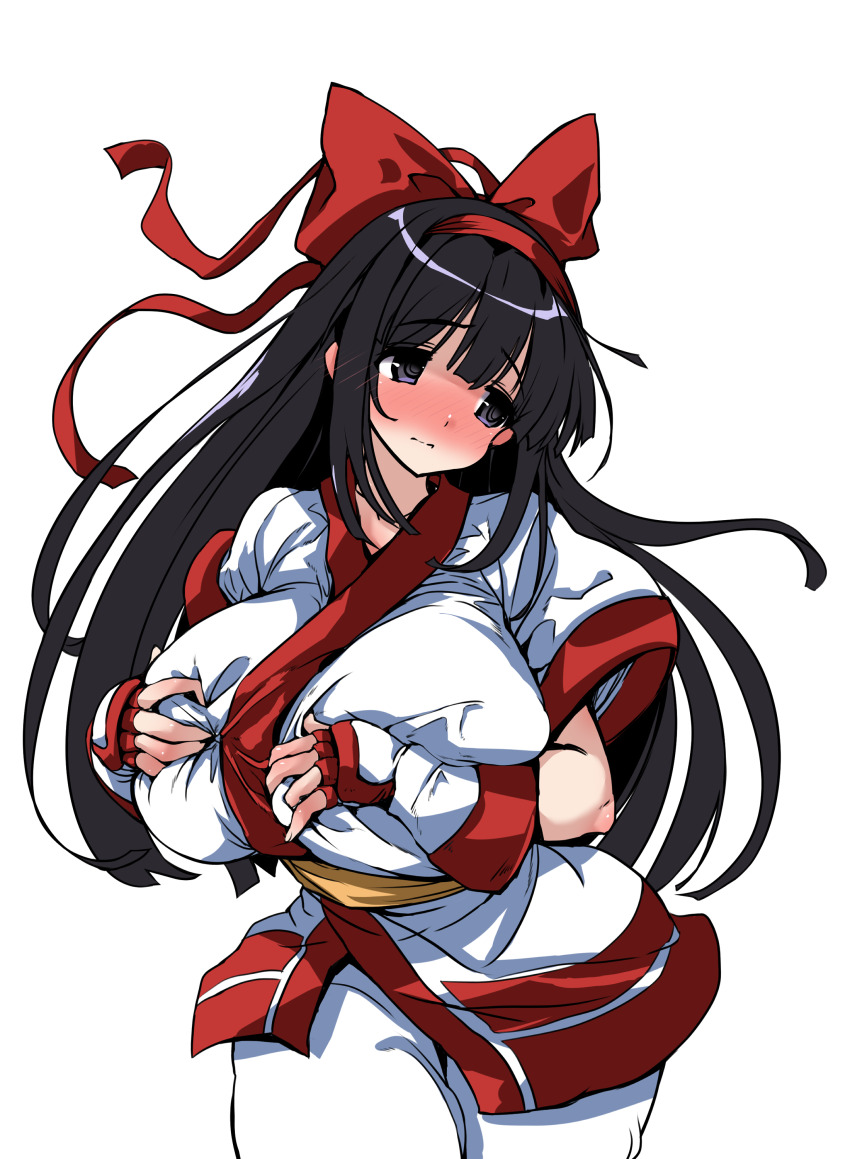 1girl absurdres ainu_clothes alternate_breast_size averting_eyes black_hair blush breasts fingerless_gloves full-face_blush gloves grabbing_own_breast hair_ribbon highres hirowa_nagi huge_breasts legs long_hair nakoruru pants purple_eyes ribbon samurai_spirits snk solo the_king_of_fighters thighs