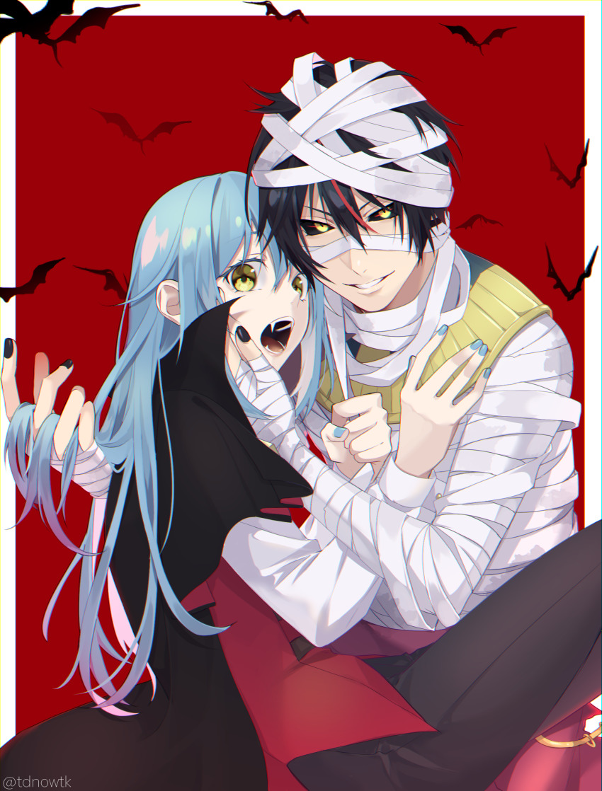 1boy 1other \||/ absurdres androgynous bandages bat_(animal) black_cloak black_hair black_nails black_pants black_sclera blue_hair blue_nails cloak colored_sclera commentary_request diablo_(tensura) fangs grin halloween halloween_costume hand_in_another&#039;s_hair hand_on_another&#039;s_face highres looking_at_viewer multicolored_hair mummy_costume nail_polish open_mouth outside_border pants red_background red_hair red_vest rimuru_tempest shirt simple_background smile ss023xx streaked_hair tensei_shitara_slime_datta_ken tongue twitter_username vampire_costume vest white_shirt yellow_eyes