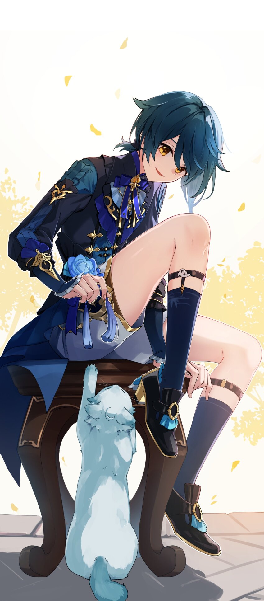 1boy 1other absurdres animalization black_coat black_footwear blue_bow blue_bowtie blue_fur blue_hair blue_socks bow bowtie cat chair chongyun_(genshin_impact) coat genshin_impact grey_shorts hair_between_eyes high_heels highres itsumono_katze long_sleeves low_ponytail male_focus official_alternate_costume official_alternate_hairstyle open_mouth ouji_fashion ponytail short_hair short_ponytail shorts smile socks white_shorts xingqiu_(bamboo_rain)_(genshin_impact) xingqiu_(genshin_impact) yellow_eyes