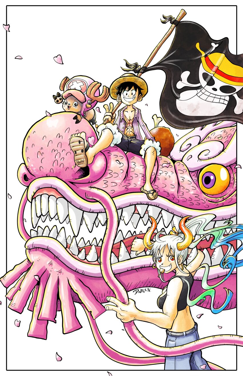1girl 3boys absurdres alternate_form antlers black_hair black_sports_bra blue_hair commentary cross dragon dwalkn english_commentary french_commentary green_hair hat highres horns jolly_roger kouzuki_momonosuke looking_at_viewer monkey_d._luffy multiple_boys one_piece reindeer_antlers sandals scar scar_on_chest scar_on_face sharp_teeth short_hair smile sports_bra straw_hat straw_hats_jolly_roger teeth tony_tony_chopper v whiskers white_background white_hair yamato_(one_piece)
