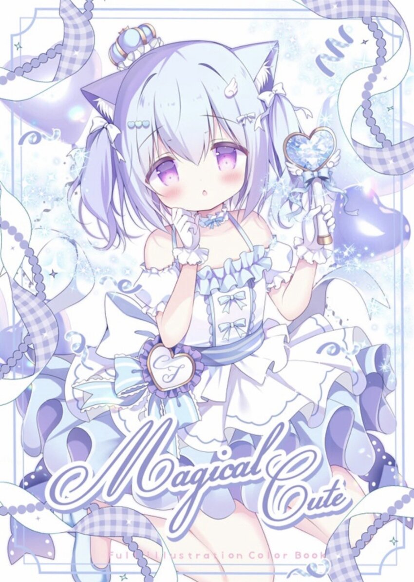1girl animal_ear_fluff animal_ears azumi_kazuki bare_shoulders blue_hair blush bow chestnut_mouth commentary_request crown detached_sleeves dress frills hair_between_eyes hair_bow hair_ornament hands_up heart heart_hair_ornament highres holding holding_wand looking_at_viewer mini_crown original parted_lips puffy_short_sleeves puffy_sleeves purple_eyes short_sleeves solo tilted_headwear wand white_bow white_dress white_sleeves wing_hair_ornament