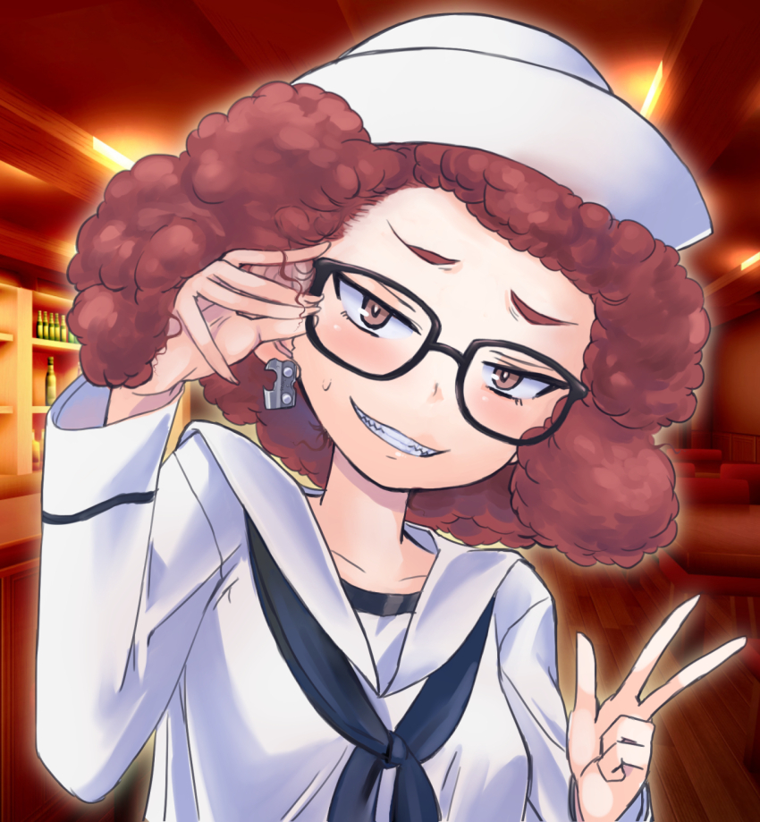 1girl blush breasts brown_eyes dress earrings girls_und_panzer glasses grin hat highres jewelry looking_at_viewer military_uniform nabeyu red_hair rum_(girls_und_panzer) sailor_dress short_hair small_breasts smile solo w