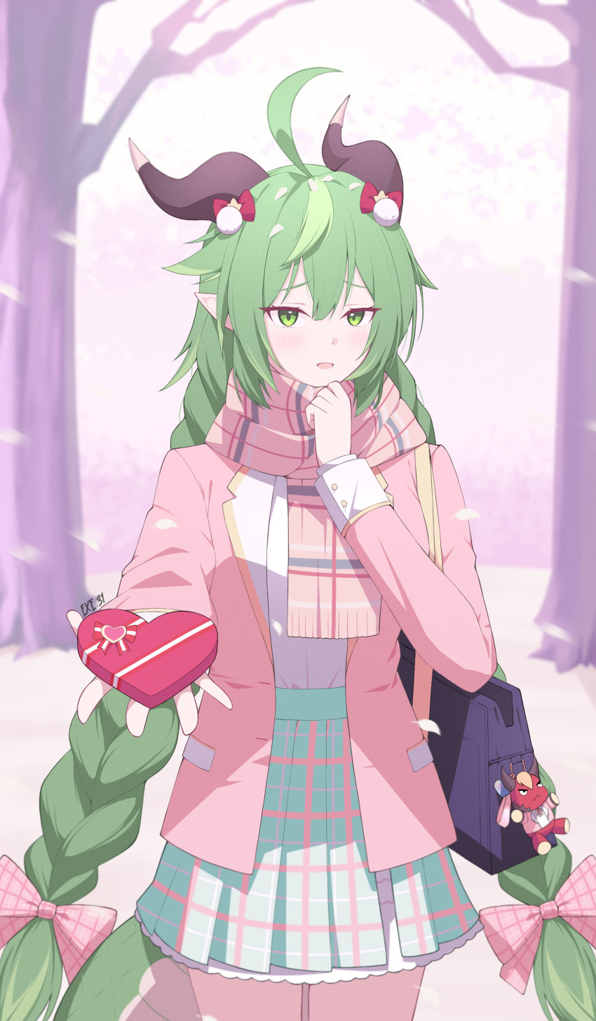 1girl absurdres ahoge artist_name bag bag_charm bare_tree blue_bag blue_skirt bow braid charm_(object) chocolate_collector_ameris cowboy_shot double-parted_bangs dragon_girl dragon_horns dragon_tail exe.31 frilled_skirt frills gift green_eyes green_hair guardian_tales hair_between_eyes hair_bow hair_flaps hair_ornament highres holding holding_gift horns incoming_gift jacket long_hair long_sleeves looking_at_viewer open_clothes open_jacket open_mouth outdoors pink_bow pink_jacket pink_scarf plaid_bow plaid_clothes plaid_scarf plaid_skirt pleated_skirt pointy_ears pom_pom_(clothes) pom_pom_hair_ornament scarf school_bag school_uniform shirt skirt snow snowing solo tail tree twin_braids twintails valentine very_long_hair white_shirt