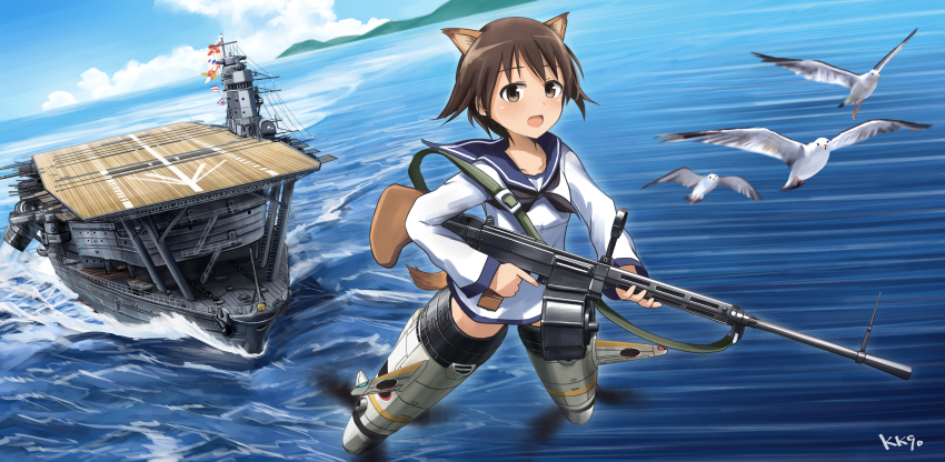 absurdres aircraft_carrier akagi_(aircraft_carrier) animal_ears bird blue_sky brown_eyes brown_hair cloud dog_ears dog_tail extra_ears gun highres holding holding_gun holding_weapon horizon kk90 looking_at_viewer machine_gun military military_vehicle miyafuji_yoshika ocean open_mouth sailor_collar seagull serasuku ship short_hair signature sky strike_witches striker_unit tail warship watercraft weapon world_witches_series
