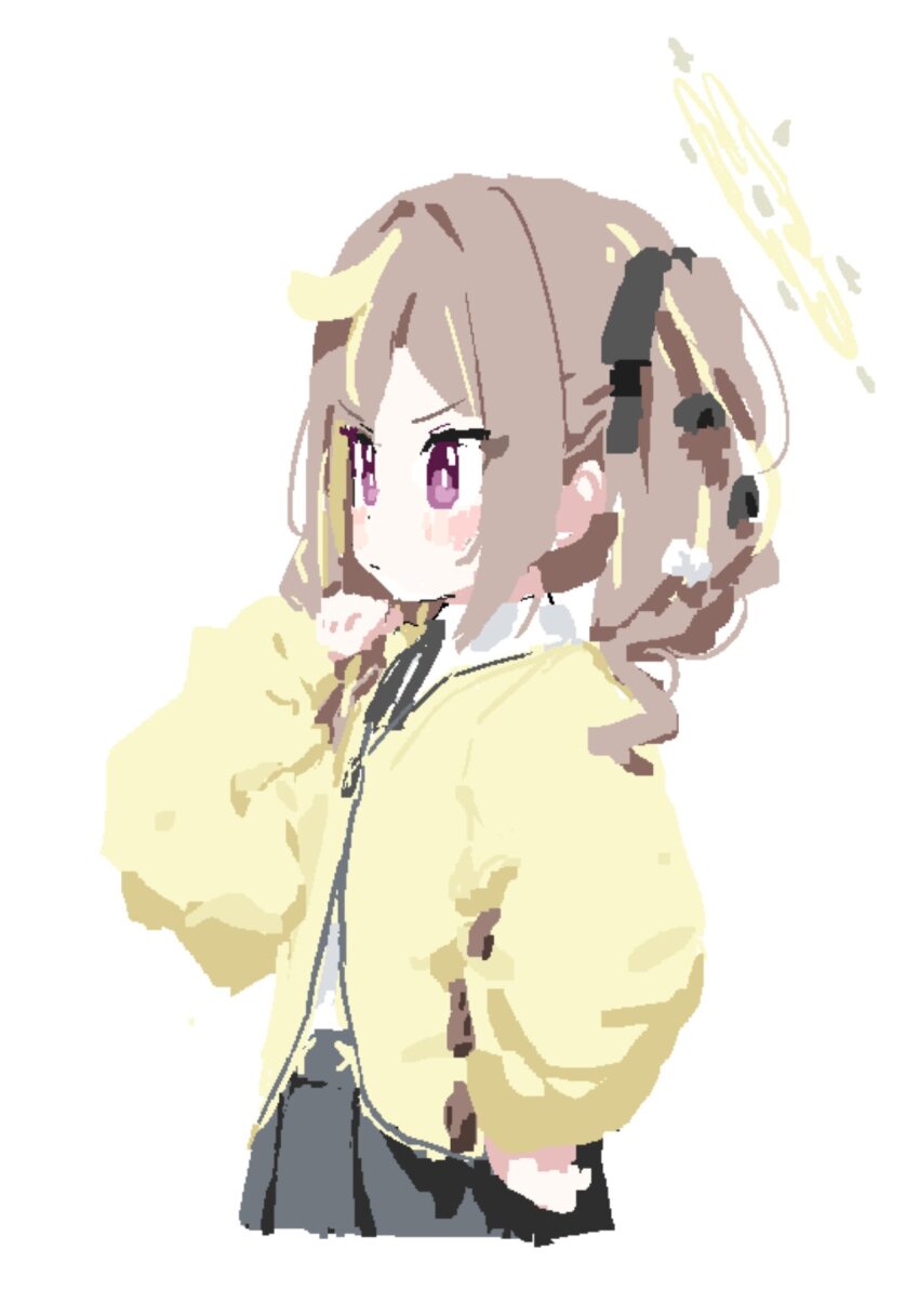 1girl azmira1534815 black_ribbon black_skirt blonde_hair blue_archive blush blush_stickers bright_pupils brown_hair cardigan closed_mouth cropped_legs from_side grey_skirt hair_ribbon halo hand_up highres long_hair long_sleeves looking_ahead multicolored_hair neck_ribbon pleated_skirt puffy_long_sleeves puffy_sleeves purple_eyes rena_(blue_archive) ribbon shirt simple_background skirt solo streaked_hair twintails v-shaped_eyebrows white_background white_pupils white_shirt yellow_cardigan yellow_halo