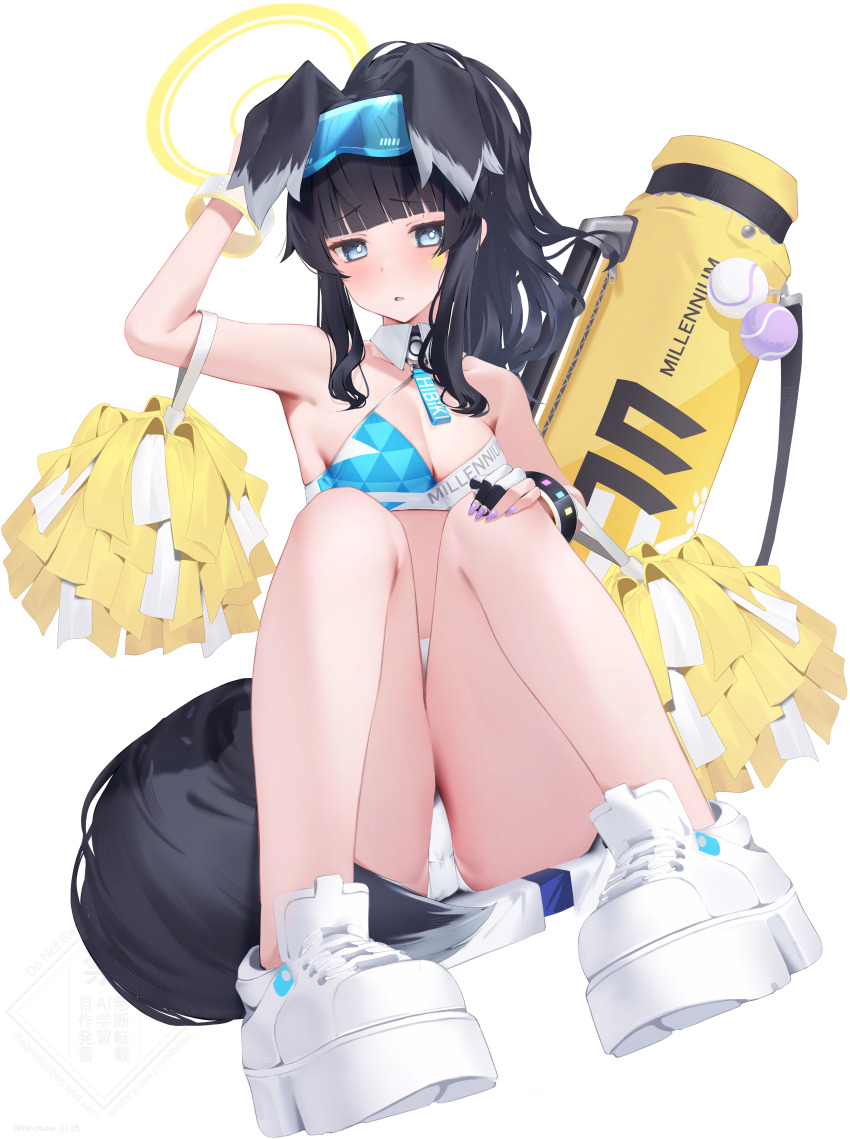 1girl absurdres animal_ears arm_up black_hair black_tail blue_archive blue_eyes breasts cheerleader cleavage commentary_request crop_top dog_ears dog_girl dog_tail eyewear_on_head fingernails goggles goggles_on_head halo hibiki_(blue_archive) hibiki_(cheer_squad)_(blue_archive) highres knees_up kotori_(blue_archive) kotori_(cheer_squad)_(blue_archive) looking_at_viewer medium_breasts nail_polish nosuke_tmg official_alternate_costume official_alternate_hairstyle open_mouth panties pom_pom_(cheerleading) ponytail purple_nails simple_background solo star_sticker tail thighs underwear white_background white_panties yellow_halo