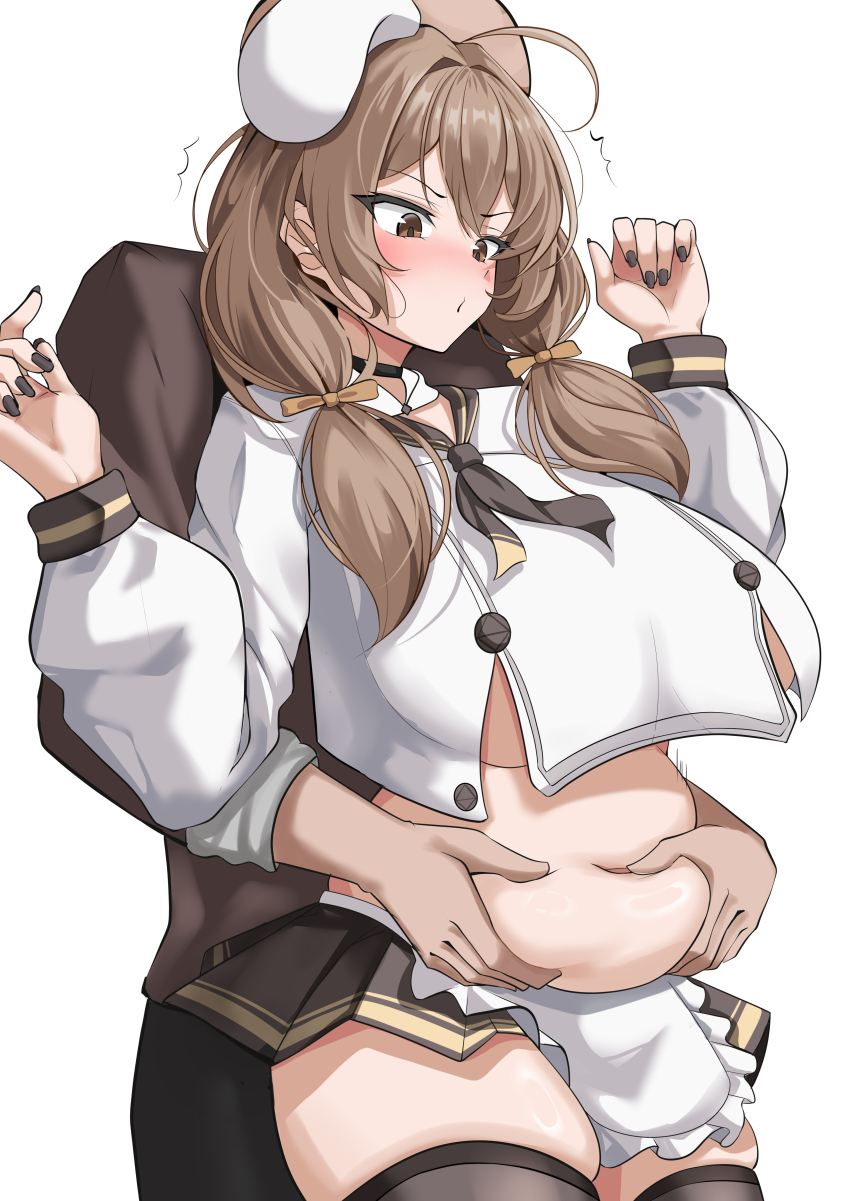 1boy 1girl :o absurdres ahoge apron belly_grab beret black_neckerchief black_pants black_skirt black_thighhighs black_vest bready_(nikke) breasts brown_eyes brown_hair commander_(nikke) commentary cropped_shirt english_commentary goddess_of_victory:_nikke grabbing_from_behind hat highres huge_breasts medium_hair microskirt navel neckerchief pants plump sekkno shirt simple_background skirt stomach thighhighs thighs vest white_apron white_background white_shirt