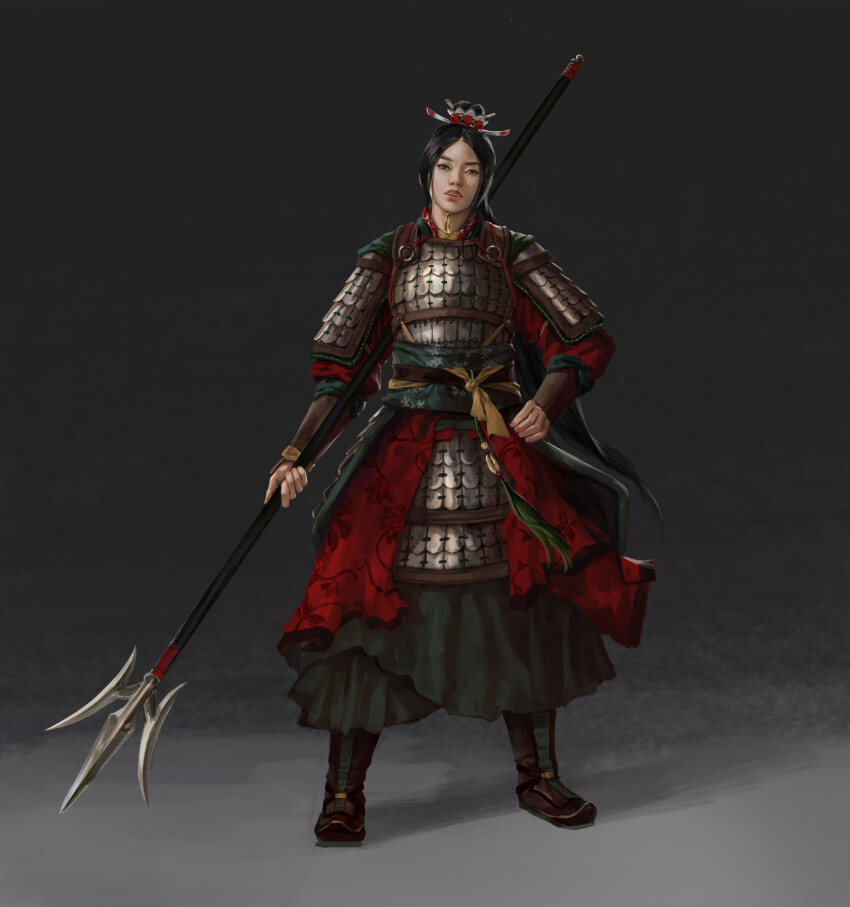 1girl absurdres armor black_background black_hair cape chinese_armor chinese_empire fangtian_ji green_cape han_dynasty hand_on_own_hip highres holding holding_polearm holding_weapon illustrator_noob ji_(weapon) lamellar_armor looking_at_viewer lu_ji polearm romance_of_the_three_kingdoms shoulder_armor solo standing total_war total_war:_three_kingdoms weapon