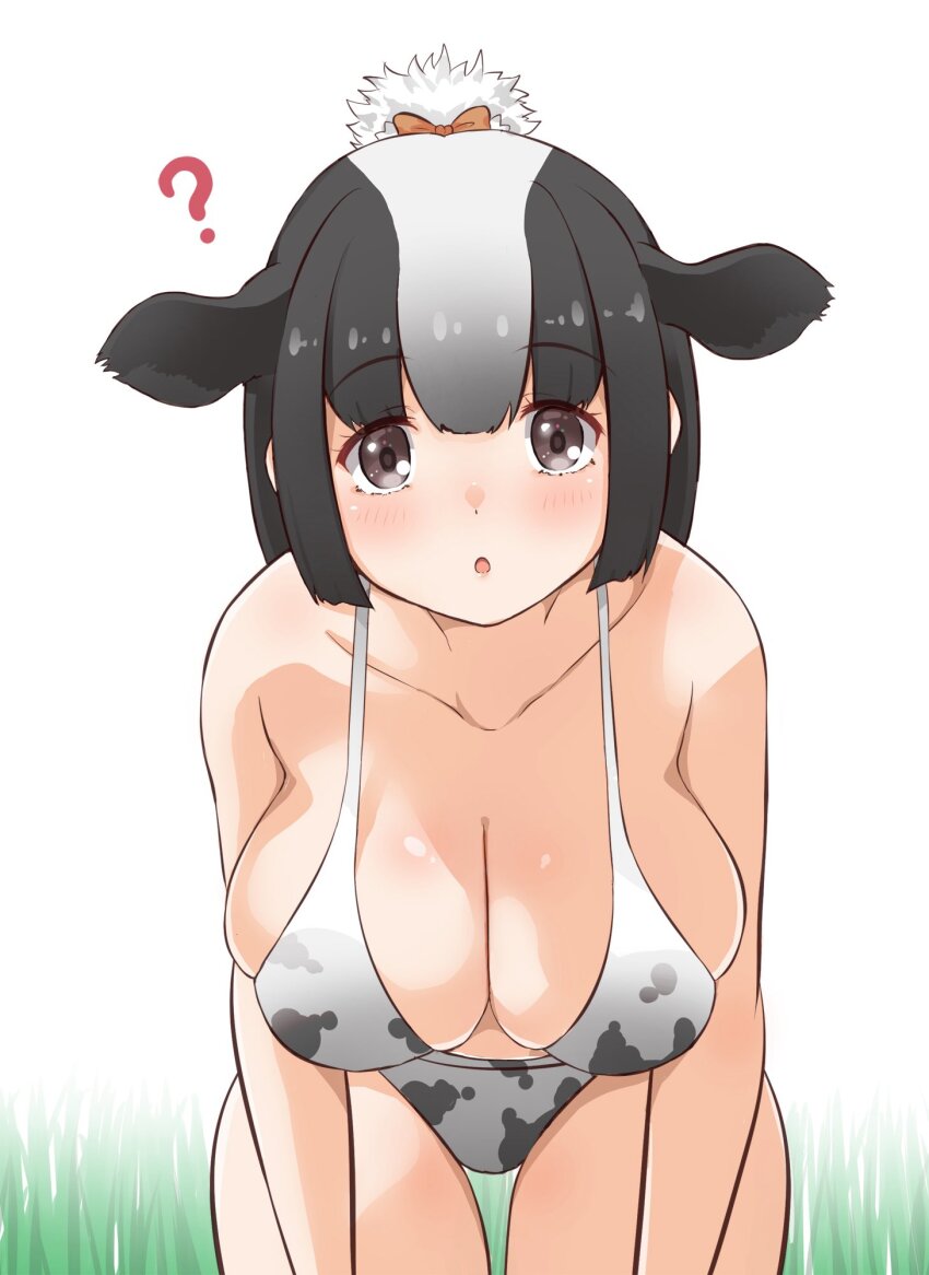 1girl ? animal_ears animal_print bikini black_hair blush bow breasts brown_eyes cow_ears cow_girl cow_print cow_print_bikini esuyukichin hair_bow hanging_breasts highres holstein_friesian_cattle_(kemono_friends) kemono_friends large_breasts leaning_forward looking_at_viewer multicolored_hair open_mouth print_bikini short_hair solo swimsuit two-tone_hair white_hair